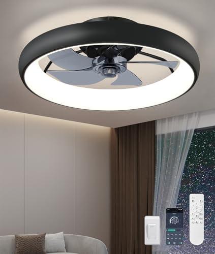 Ultra Low Profile Ceiling Fans with Lights and Remote Ultra Quiet 25 dB, 21" Modern Flush Mount LED Ceiling Fan Fandelier Ceiling Fan for Bedroom Kitchen