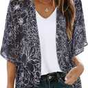 Women's Floral Print Puff Sleeve Kimono Cardigan Loose Cover Up Casual Blouse Tops (X-Large, Black Brief Flowers)