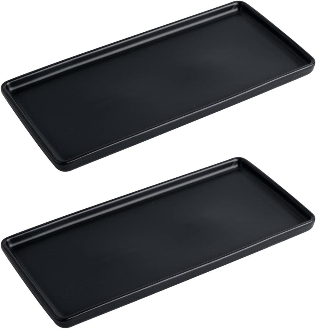 Bathroom Tray countertop 10" Set of 2, Ceramic Vanity Tray,Organizer Tray,Kitchen soap Tray (Black)