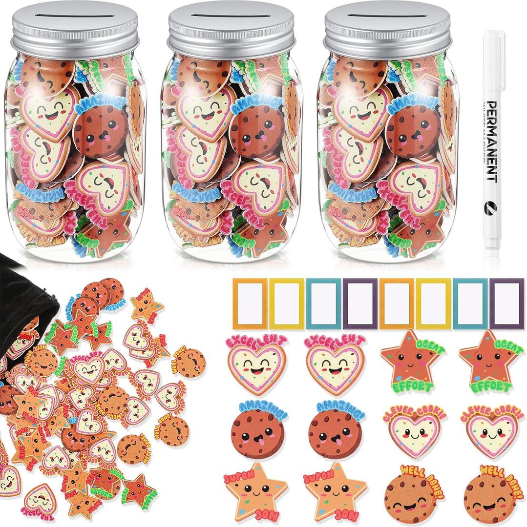 Bokon Reward Jar for Kid 3 Pcs Coin Jars for Behavior 200 Wooden Tokens 8 Name Tags Classroom Reward System for Kids Back to School Incentive Good Behavior Training(Brown Color, Cookie)