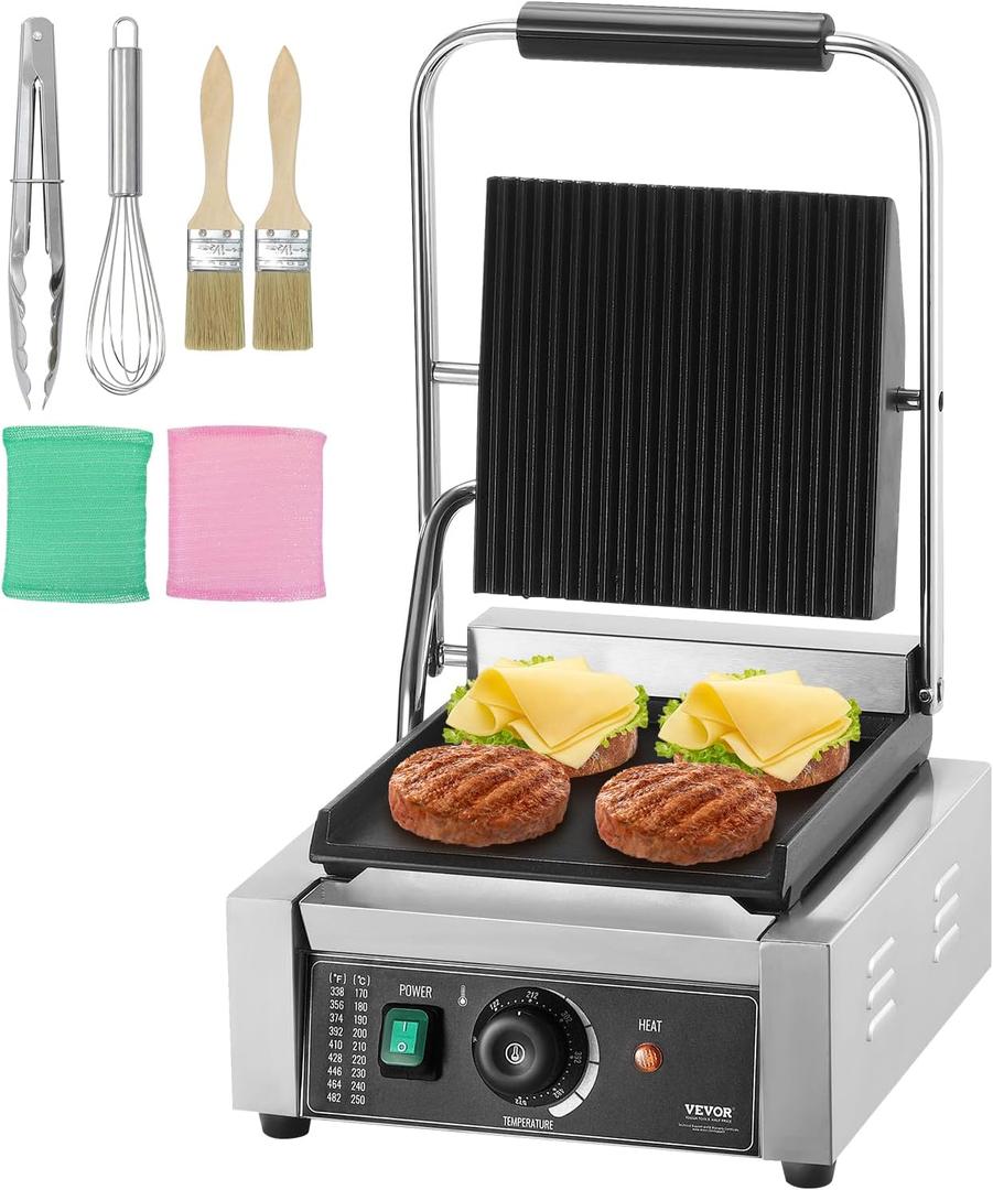 VEVOR Commercial Panini Grill, 1800W Electric Sandwich Panini Maker, Stainless Steel Sandwich Press Grill, Panini Grill with Temp Control & 9"x9" Flat Enamel Plate, for Hamburger Steak Bacon