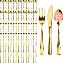 Prestee 300 Count Gold Plastic Silverware Set - Heavy Duty Disposable Cutlery with 100 Forks, 100 Spoons, and 100 Knives - Elegant Gold Plastic Forks and Spoons for Weddings, Holidays, and Parties