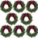 Dingion 8 Pcs Christmas Wreath Decorations 10 x 10 Inches Christmas Cabinets Wreaths with Red Ribbon Bow Bell Mini Artificial Hanging Garlands for Front Door Window Chair Wall