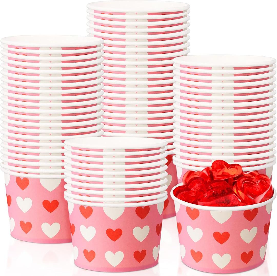 Shellwei 50 Pack 9 oz Valentine's Day Ice Cream Cups Bulk Red Heart Disposable Dessert Bowls Paper Soup Bowls Valentine's Day Paper Snack Cups for Hot or Cold Food Party Snack Cupcakes Supplies