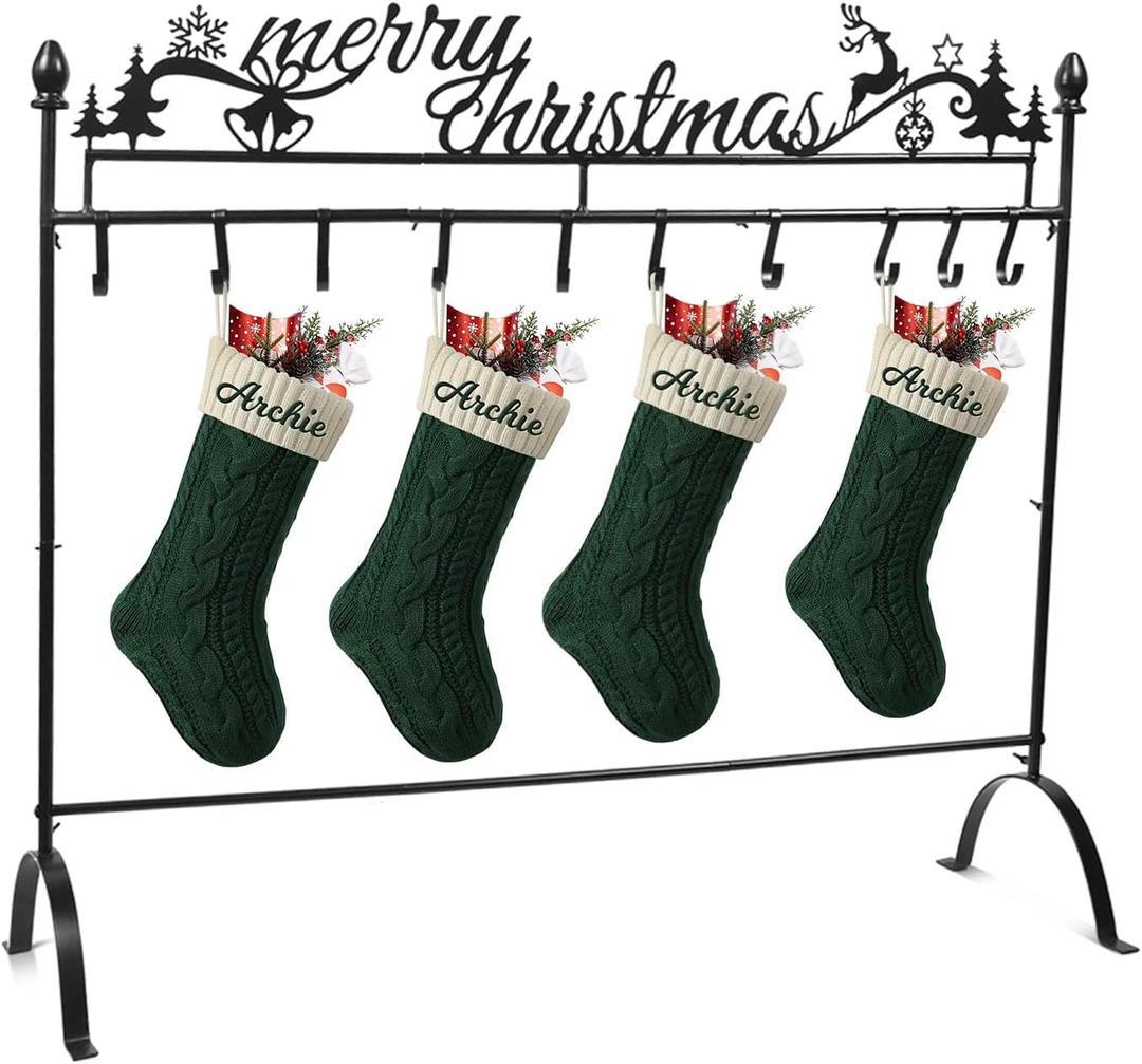 Christmas Stocking Holder Stand, 3ft Freestanding Iron Metal Christmas Stocking Holder Rack Classic Design Stocking Holders Xmas Holiday Decor for Home Floor Living Room with 10 Hooks - Black