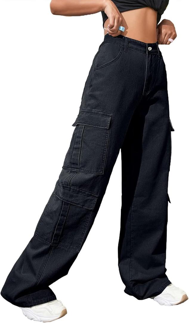Women's High Waist Baggy Cargo Jeans Flap Pocket Y2K Streetwear Wide Leg Denim Pants (Small, Black12)