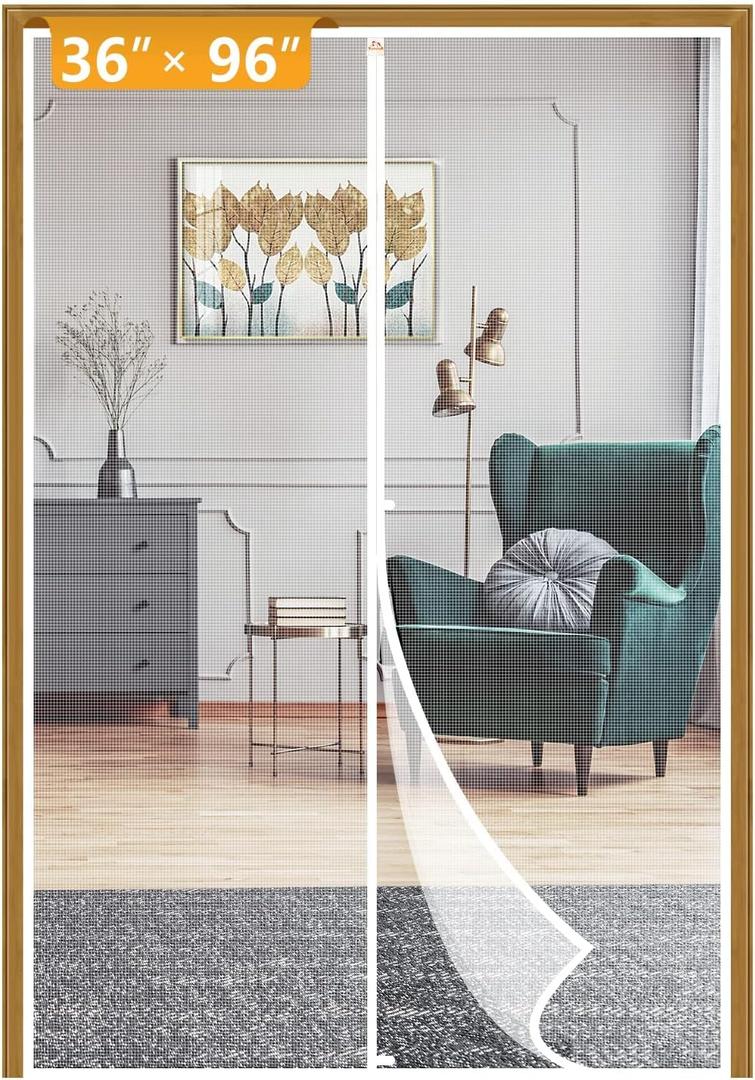 Yotache Screen Doors with Magnets Fit Doors 36 x 96, Screen Size 38" x 97" Heavy Duty Door Net Enjoy Fresh Air, White (White & Middle Opening)