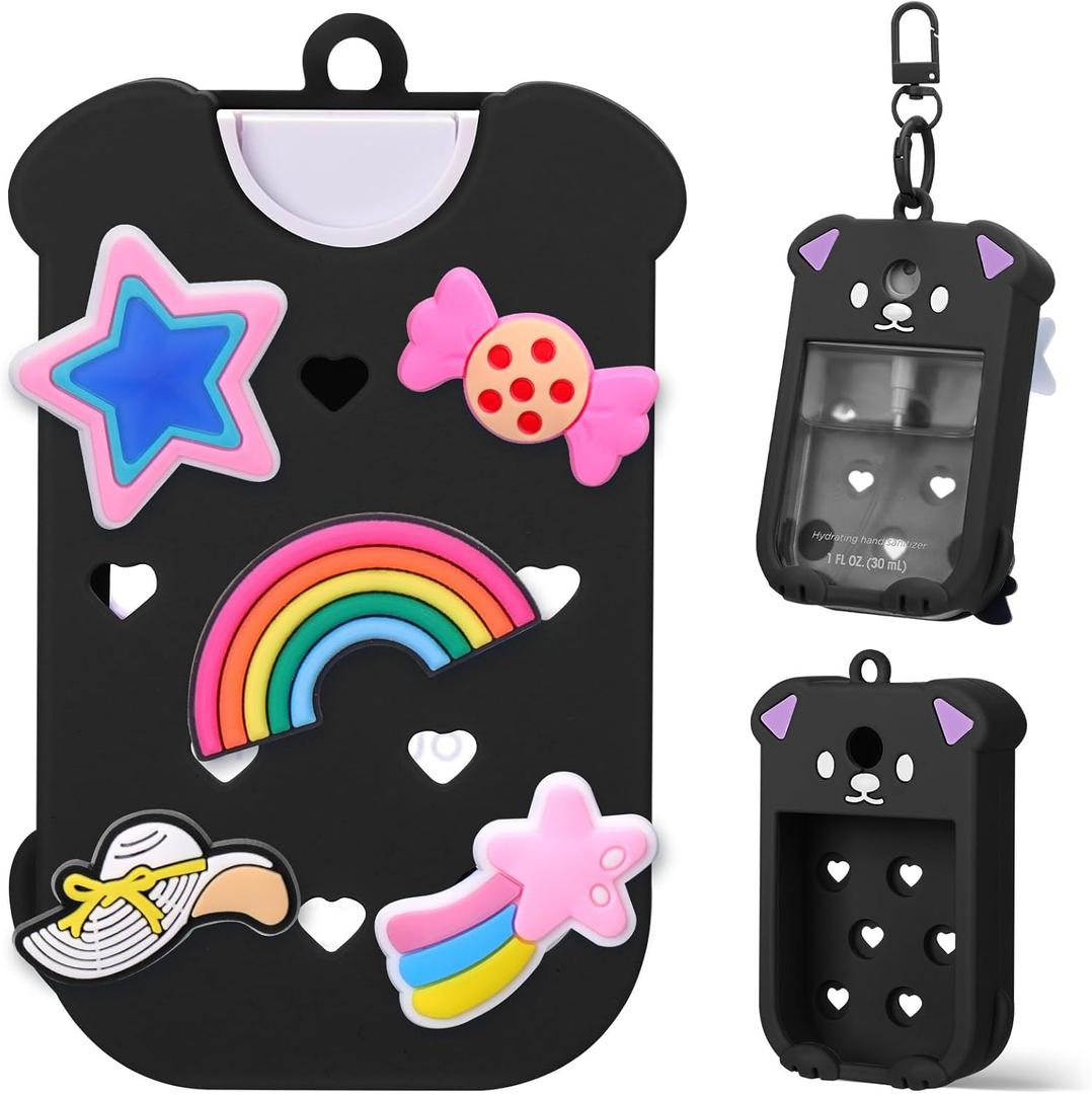 Juome Silicone Case for Touchland Hand Sanitizer Spray with Keychain & Charms, Dog Protective Holder Compatible with Touchland Power Mist & Glow Mist 1 FL Oz/30ML, Travel Cover Sleeve Accessory- Black