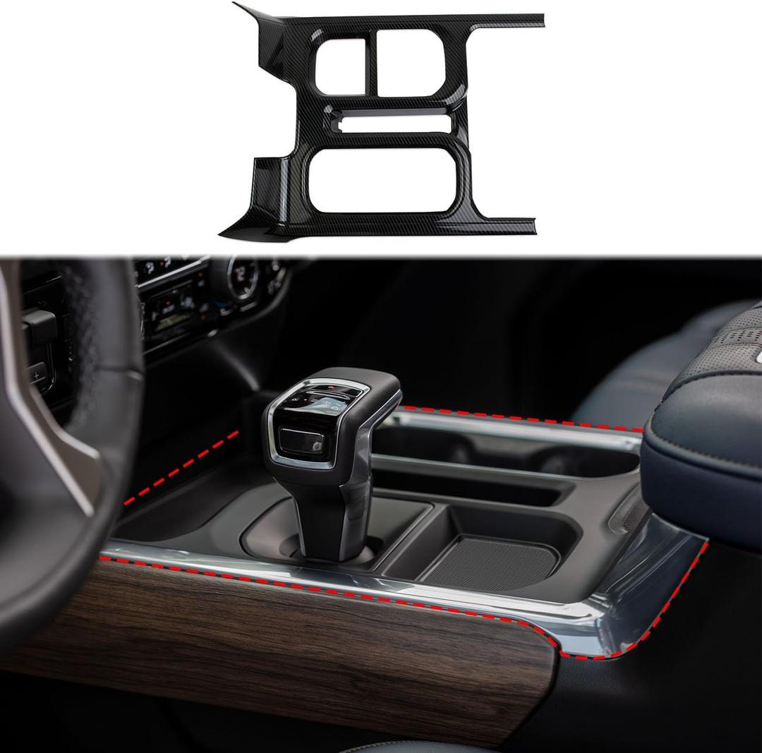 Carbon Fiber Style Interior Center Control Gear Shift Panel Cup Holder Cover Trim Accessories for 2022-2025 GMC Sierra/Chevrolet Silverado 1500