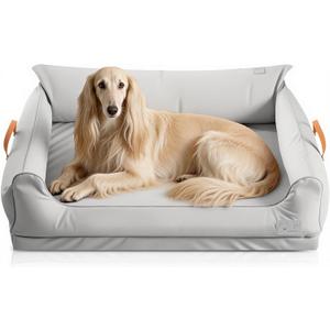 Removable Orthopedic Dog Beds for Large Dogs, Leather Memory Foam Dog Sofa Bed, Waterproof Durable Dogs Bed Couch with Non Skid Bottom for All Pet Sizes (Silver Gray, Large)