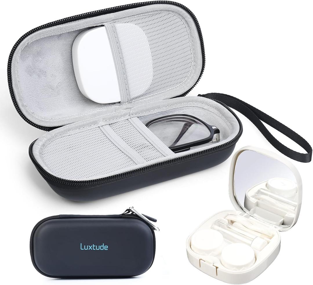 Luxtude Contact Lens Case, Glasses and Contact Case 2 in 1, Hard Shell Travel Contacts Cases with Mirror, Double Eyeglass Cases (Black)