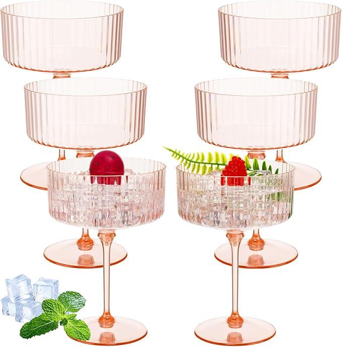 Jingmore 12 Pcs Ribbed Martini Glasses 10 oz Disposable Plastic Vintage Ribbed Coupe Glasses Unbreakable Dessert Parfait Glassware for Wedding Birthday Party Supplies (Pink)