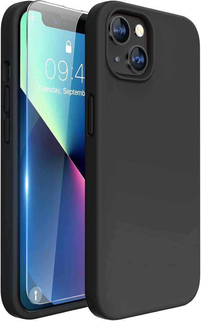 Miracase Designed for iPhone 13 Case, with Tempered Glass Screen Protector, [Soft Anti-Scratch Microfiber Lining], Shockproof Liquid Silicone Rubber Phone Cover Case for 13 6.1 inch, Black