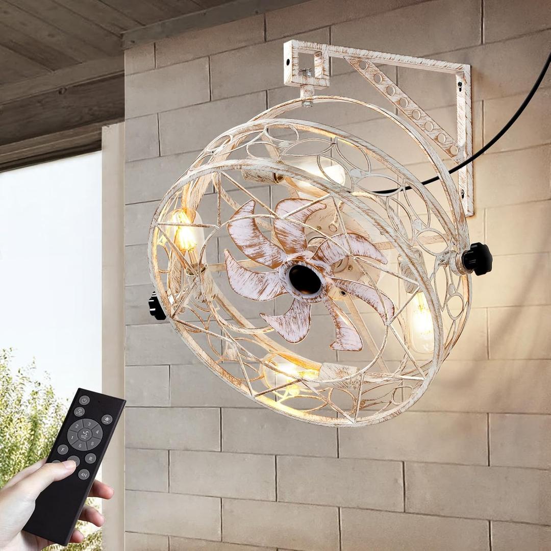 21" Fansconce, 360 Adjustable Tilt Indoor Wall Mount Fan, White 6 Speed Ceiling Fan with Lights and Remote, Timer Wall Hanging Fan for Garage Patio Greenhouse Terraces Kitchen Bedroom Tool Room