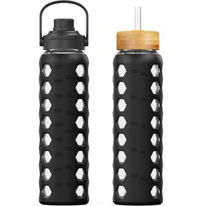 MUKOKO 32oz Glass Water Bottles with 2 Lids-Handle Spout Lid&Bamboo Straw Lid, Motivational Water Tumbler with Time Marker Reminder and Silicone Sleeve, Leakproof-Black-1 Pack