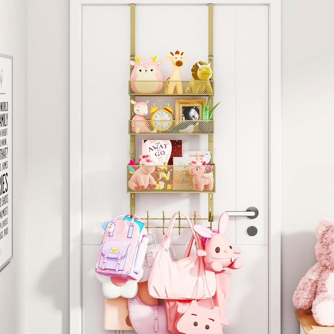 Consumest Over The Door Hooks Organizer - 4 Tier Door Coat Rack with 3 Baskets and 12 Hooks, Stainless Steel Towel Hanger for Bedroom, Bathroom, Living Room, Gold