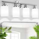 Bathroom Vanity Light Fixtures, 4-Light Brushed Nickel Vanity Lights, Bathroom Lighting Over Mirror, Vanity Light for Bathroom, Nickel Wall Light Fixture with White Frosted Glass Shades