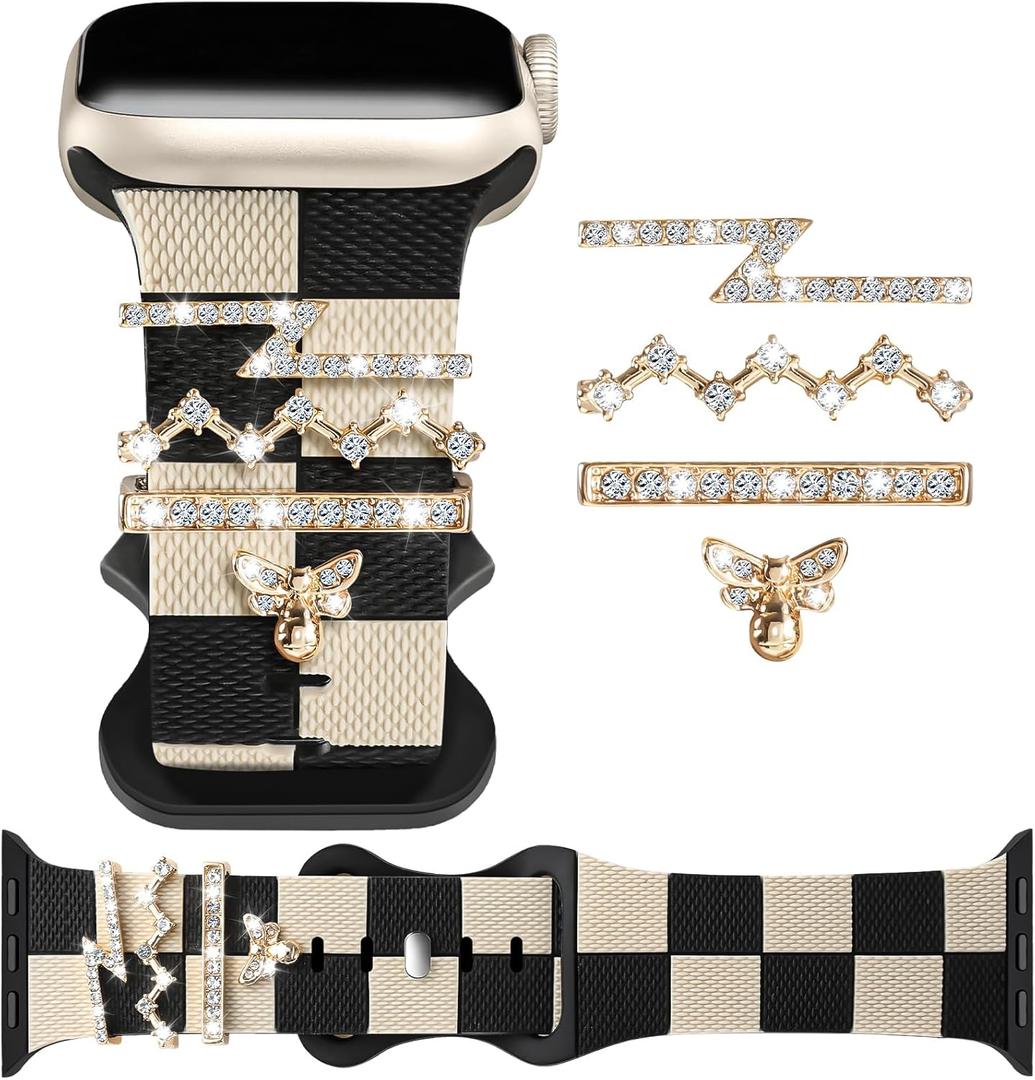 Silicone Strap for Apple watch band 38mm 40mm 41mm 42mm 44mm 45mm 46mm 49mm with Bling Bee Charms, Soft Sport Bracelet for iWatch Bands Series 11 10 9 8 7 6 5 4 3 SE SE2 SE3 Ultra for Women (Black+Gold)