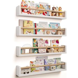 Nursery Book Shelves, 4 Pack, Wall Book Shelves for Kids Room, Baby, Toddler, Nursery Decor (White Wood, 23 Inches)