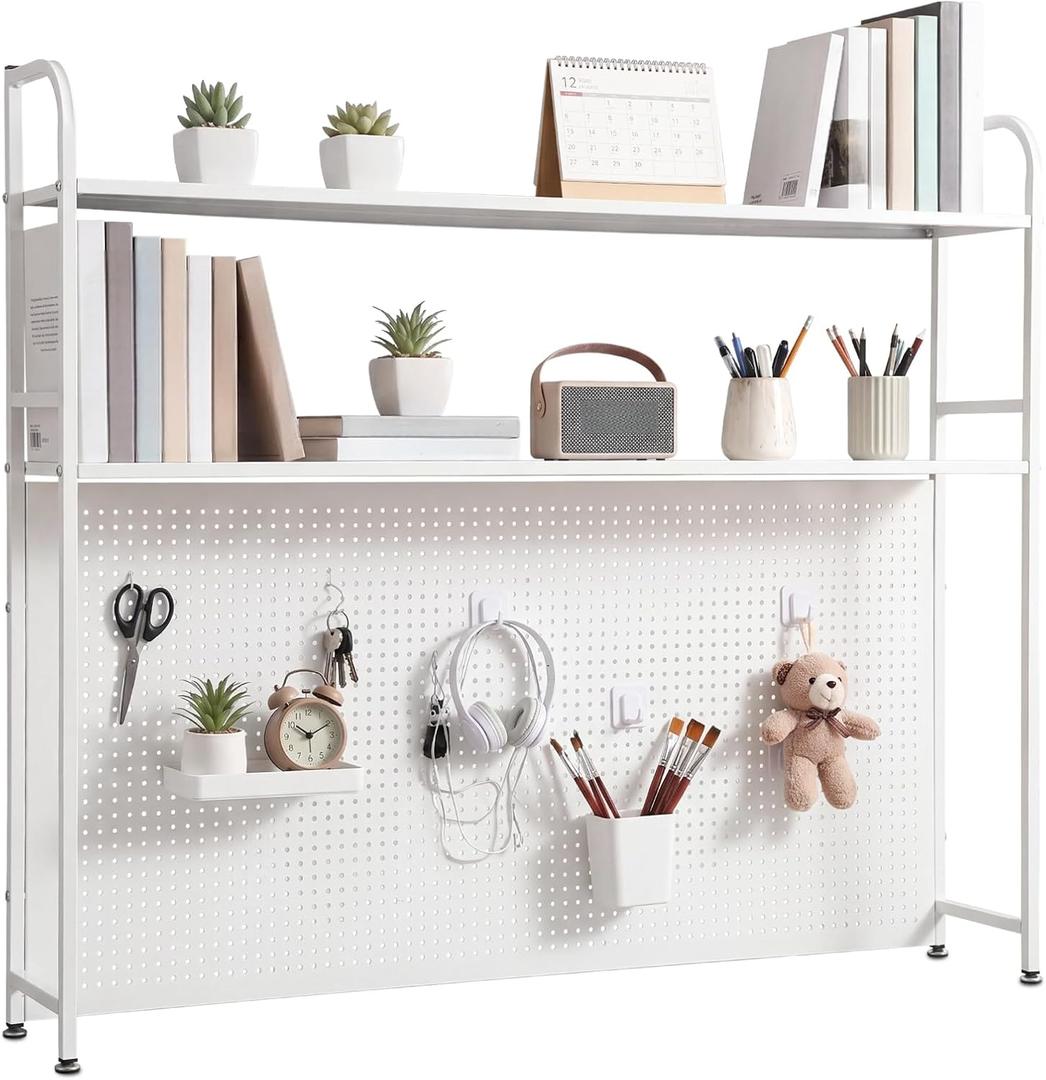 Leinuosen Desk Hutch for Dorm Bookshelf with Pegboard 2 Tier Desktop Countertop Storage Metal Hutch Organizer Display Rack with Hooks for Home Office College Dorm