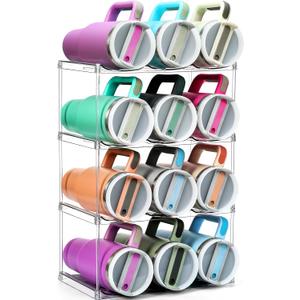 Design for Stanley 40 OZ & Large Bottles & Tumblers with Handle, Acrylic Water Bottle Organizer - Stackable Clear Wine Rack, Cup Holder for Home Kitchen Pantry Shelf Countertop Cabinet, 4 Tier Hold 12