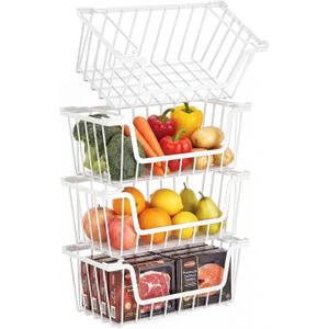 SUNALLY Stackable Storage Bins 4 Pcs Wire Baskets for Pantry Organizers and Storage, Vegetable Fruit Storage Basket for Countertop Organizer,Kitchen Baskets for Onion Potato Snack Cans Storage,White