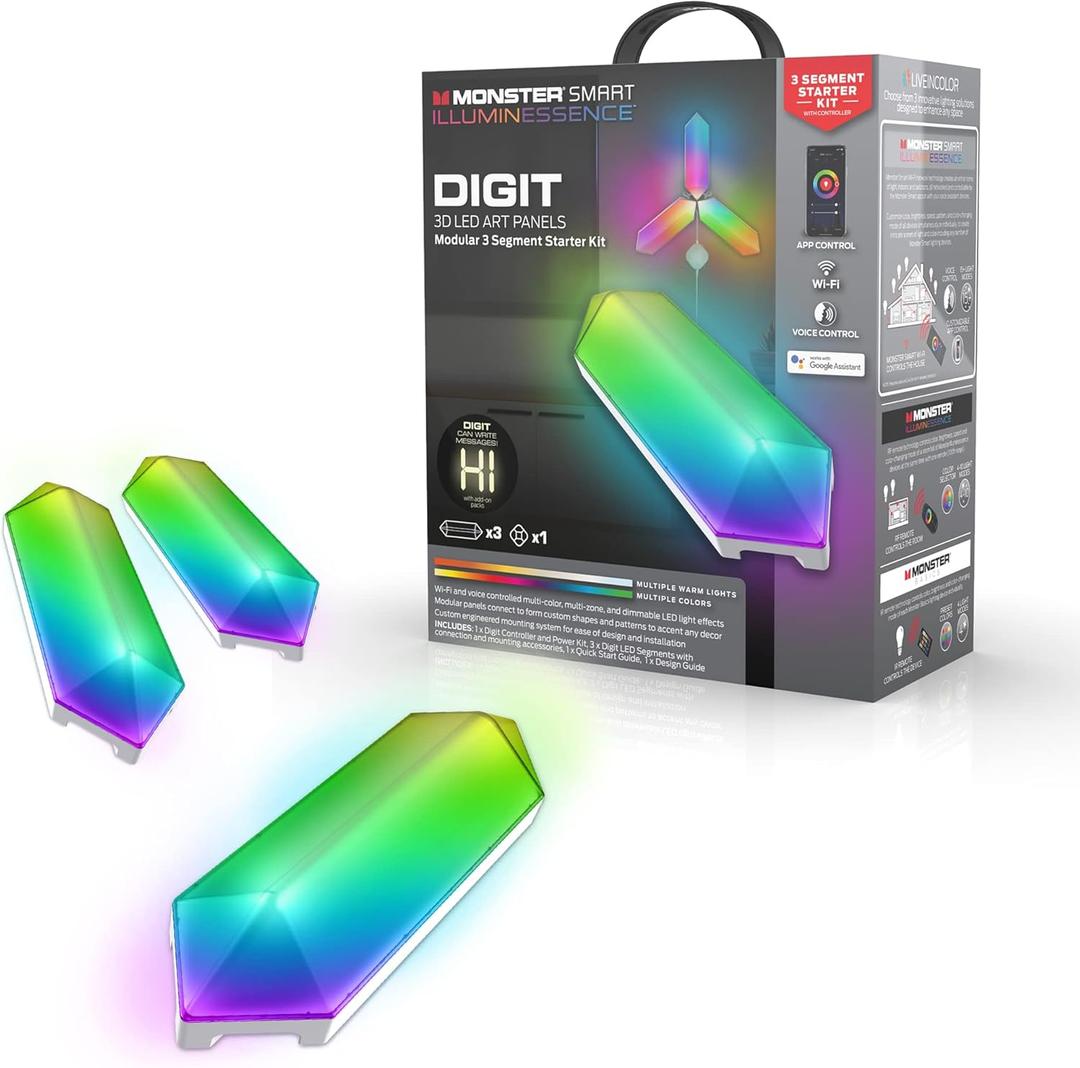 XTREME Monster Digit Smart 3D LED Art Panels, Modular 3 Panel Starter Kit with Controller