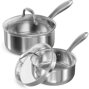 Stainless Steel Saucepan Set with Strainer Glass Lid, 1-Quart and 2-Quart Tri-Ply Capsule Bottom Sauce Pan/Pot, Two Pour Spout, Dishwasher and Oven Safe