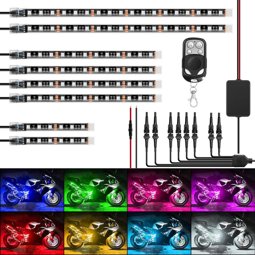 Nilight 8PCS Motorcycle RGB Led Light Kit Waterproof Multi-Color Atmosphere Lights Lamp with 4Key RF Wireless Remote for Harley Davidson Honda Kawasaki Suzuki(TL-42)
