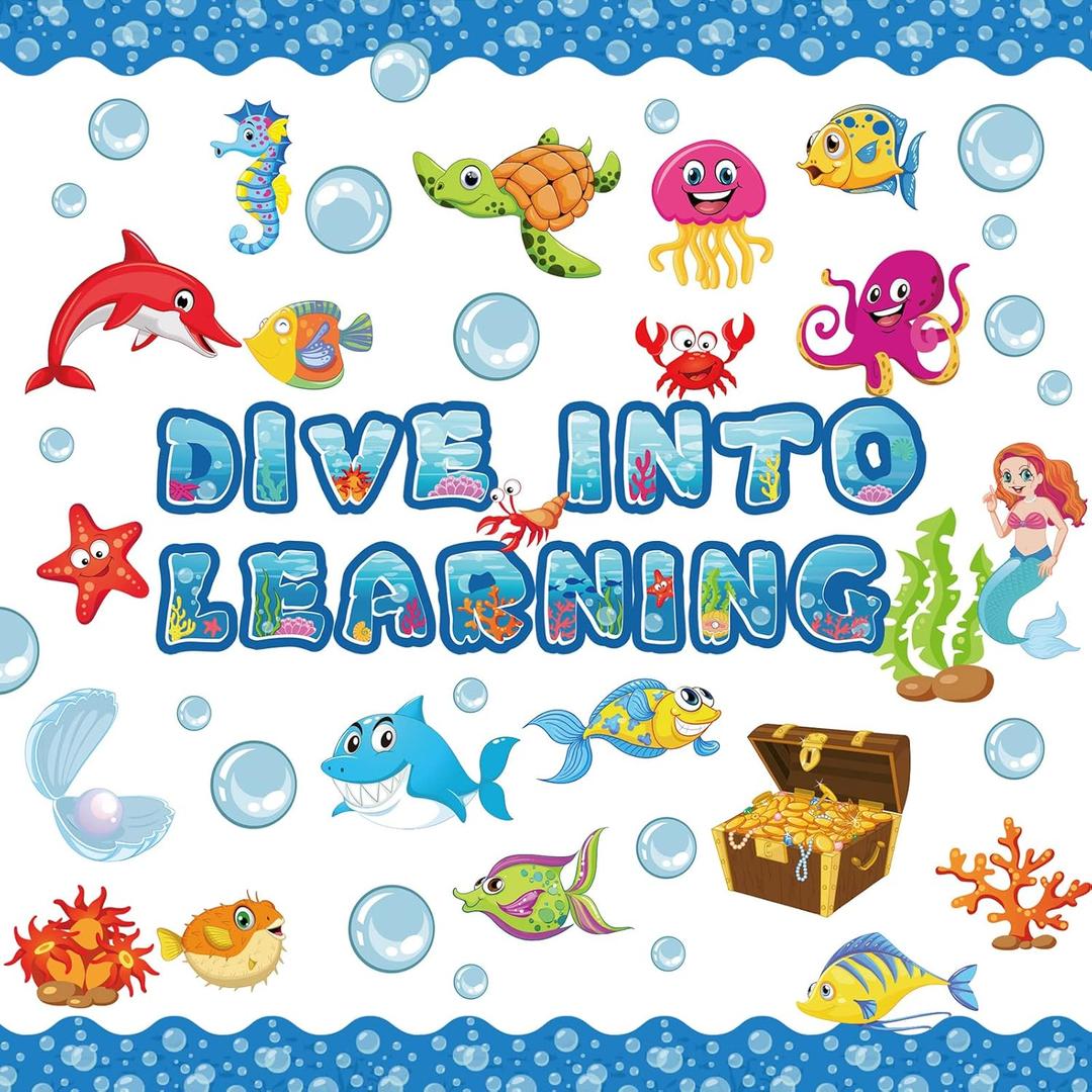 2 x Pajean 83 Pieces Ocean Beach Theme Classroom Bulletin Board Decoration Sets Dive into Learning Sea Animal Jeweled Fish Treasure Box Cutouts for Under The Summer Classroom Wall Decor