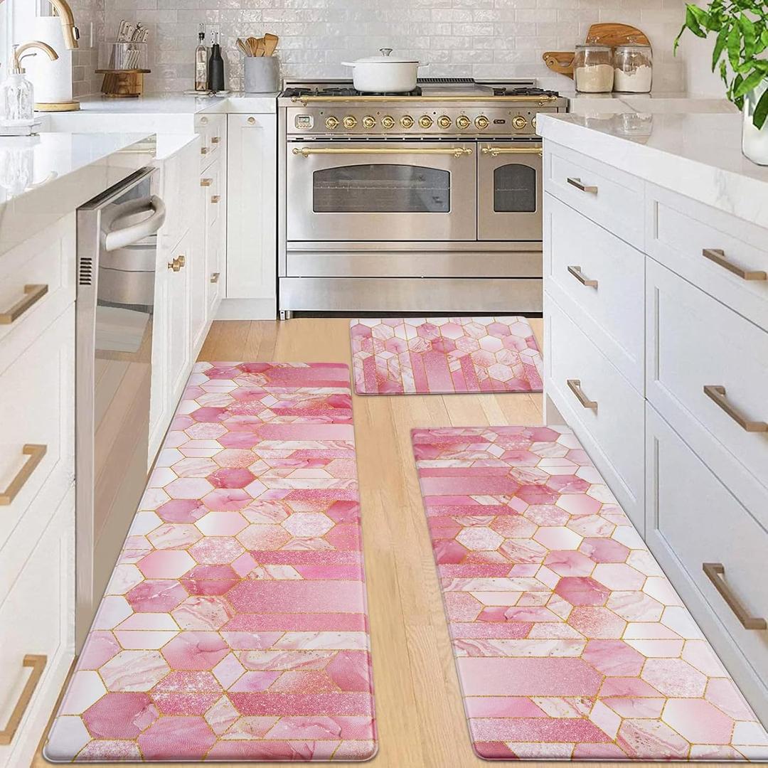 Likiyol Marble Kitchen Mats for Floor [3 PCS] Anti Fatigue Mats for Kitchen Floor, Pink Ombre Kitchen Rugs Non Slip Washable Comfort Kitchen Decor Mat, 18'' x 30'' + 18'' x 48'' + 18'' x 60''