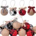 Deloky 16 Pcs Buffalo Plaid Fabric Ball- 2 Inch Christmas Fabric Wrapped Burlap Balls- Rustic Ball Ornaments with Bow for Christmas Tree Party Decoration Supplies