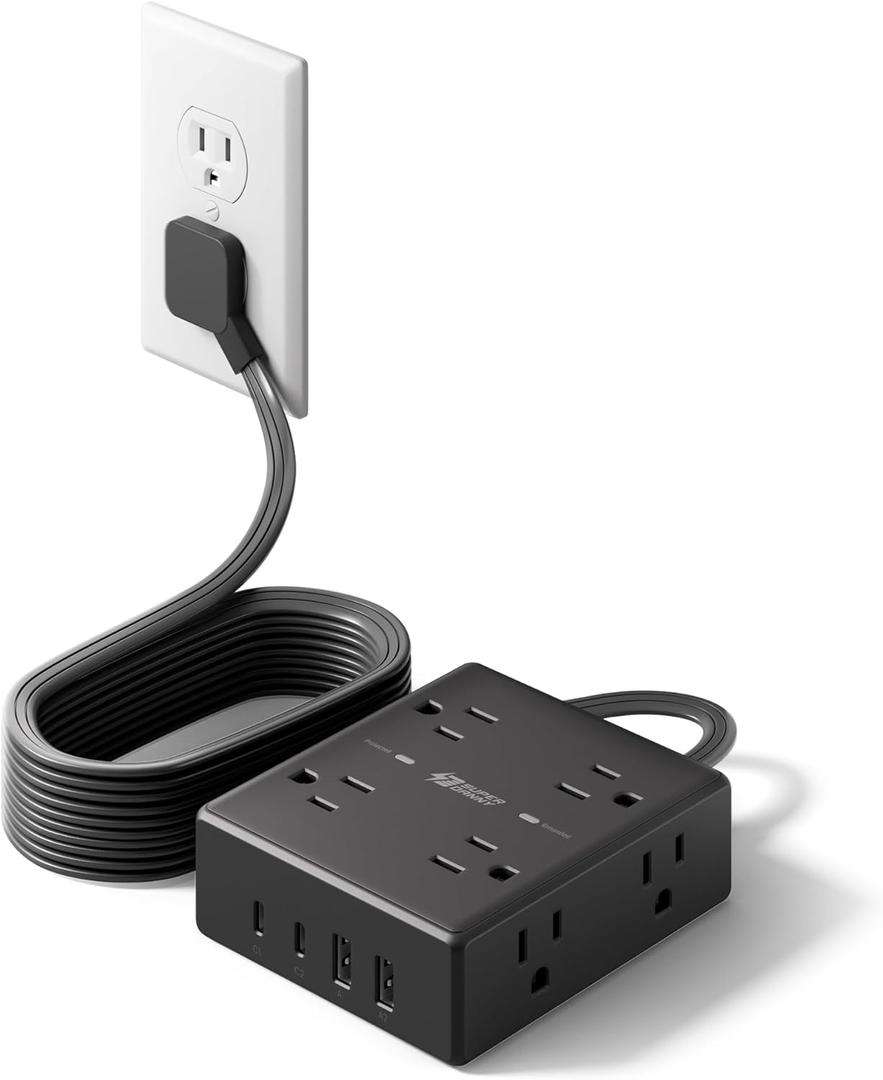 10Ft Extension Cord with Multiple Outlets, Flat Plug Power Strip Surge Protector with 10 Ft Long Cord, 8 Outlet 4 USB Ports (2 USB C), Multi Outlet Wall Plug for Office, College, Dorm Room Essentials