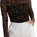 REORIA Womens Trendy Sexy Mock Turtle Neck Long Sleeve Sheer Mesh Ruched Going Out Bodysuits Tops (M)