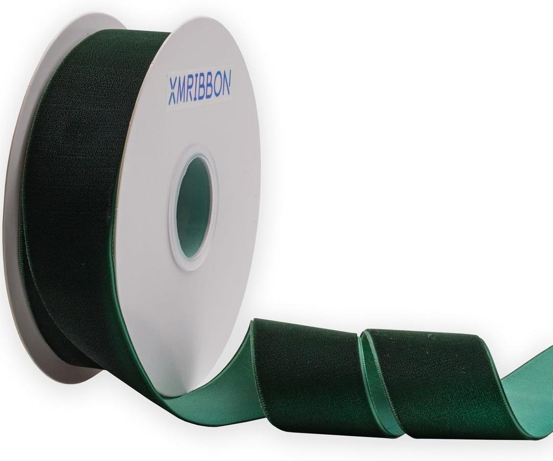 XMRIBBON Dk Green Velvet Ribbon Single Sided, 1 1/ 2 Inch by 10 Yards Spool