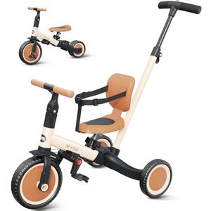 newyoo Toddler Tricycle with Push Handle for 1-3 Year Old, Toddler Bike, Birthday Gift and Toy for Boys and Girls, 5 in 1 Kids Trike, Balance Bike with Backrest and Safety Belt, Khaki, TR007