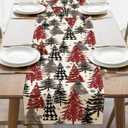 Christmas Tree Dining Table Runner, Xmas Red Black Pine Trees Snowflake Farmhouse Burlap Kitchen Decoration, Winter Holiday Indoor Outdoor Home Decor Party Supply 13 x 72 Inches