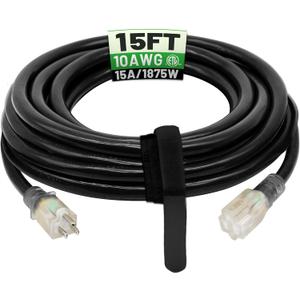 POWGRN 15 Ft 10AWG Black Outdoor Extension Cord Waterproof Heavy Duty 10 Gauge 3 Prong, Flexible Cold-Resistant Power Cord Indoor & Outside with Lighted Indicator End, 15Amp 1875W SJTW ETL Listed