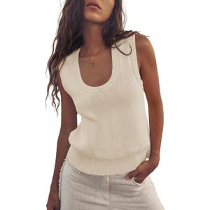 Saodimallsu Womens Summer Sweater Vest Sleeveless Ribbed Knit Tank Tops Going Out Casual Basic Scoop Neck Tshirt (Large, Beige)