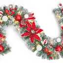 Christmas Garland with 20 LED Lights, 6ft Pre Lit Xmas Garland with Artificial Flowers Berries Ball Ornaments, Battery Operated Christmas Lighted Garlands for Mantle Fireplace Stairs (Red & White)