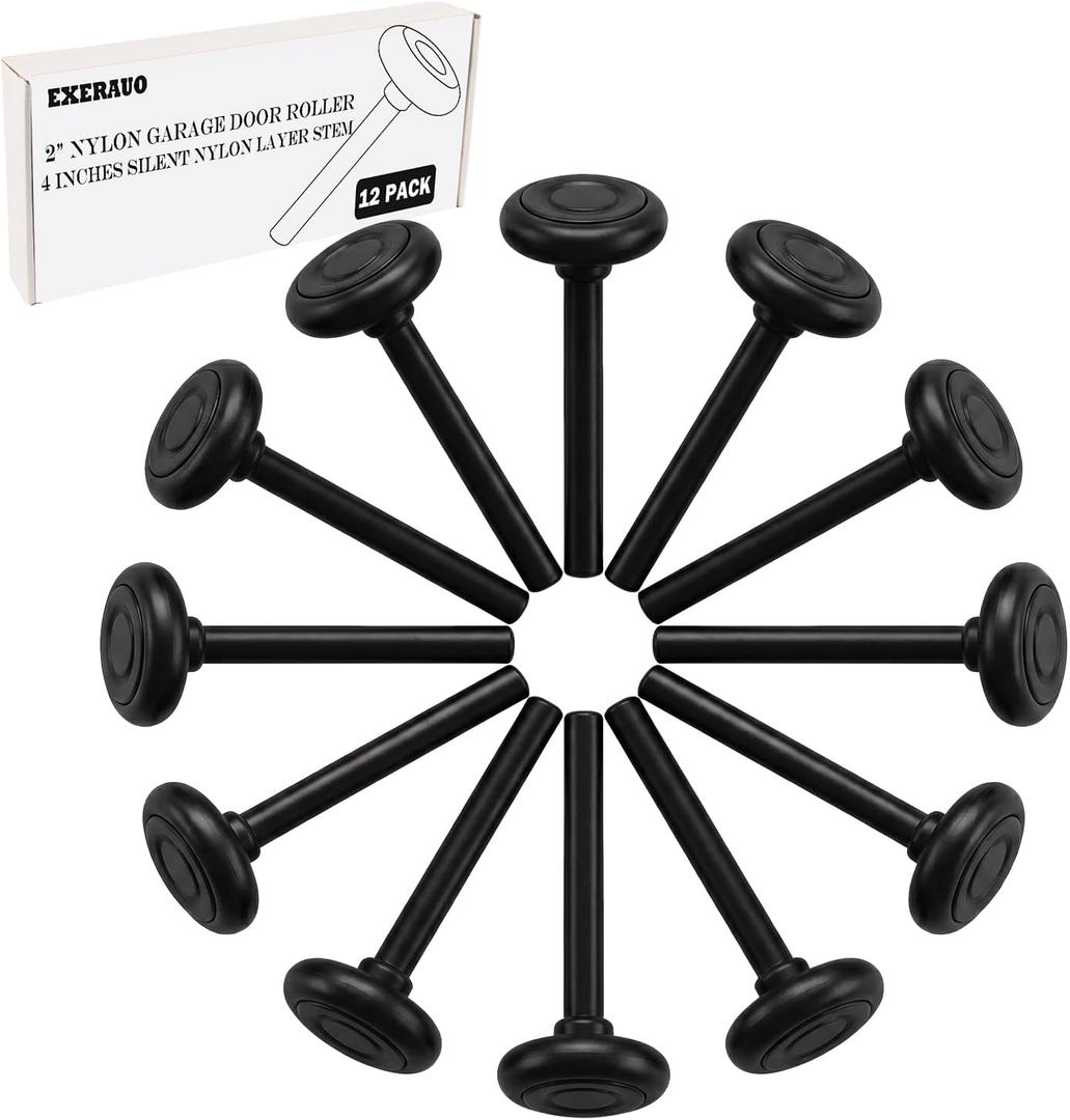 12 Pack Black 2" Nylon Garage Door Rollers, 4" Nylon Layer Stem, Quiet/Smooth Garage Door Wheels Replacement, Double Seal 6200-2RS Bearings