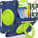 Case for iPad 9th/8th/7th Generation 10.2 inch, Shockproof Cover with Screen Protector/360° Rotating Handle/Bracket/Pen Holder/Shoulder Strap, Kids Case for iPad 2021/2020/2019 (Navy+Green)