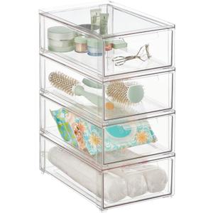 mDesign Plastic Stackable Bathroom Storage Organizer Bin with Pull Out Drawer for Cabinet, Vanity, Shelf, Cupboard, Cabinet, or Closet Organization - Lumiere Collection - 2 Pack - Clear