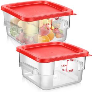 Suclain 2 Pcs Square Food Storage Container Polycarbonate Clear Food Container with Lid Commercial Rice Storage with Graduations for Commercial Kitchen(2 Qt,Red)
