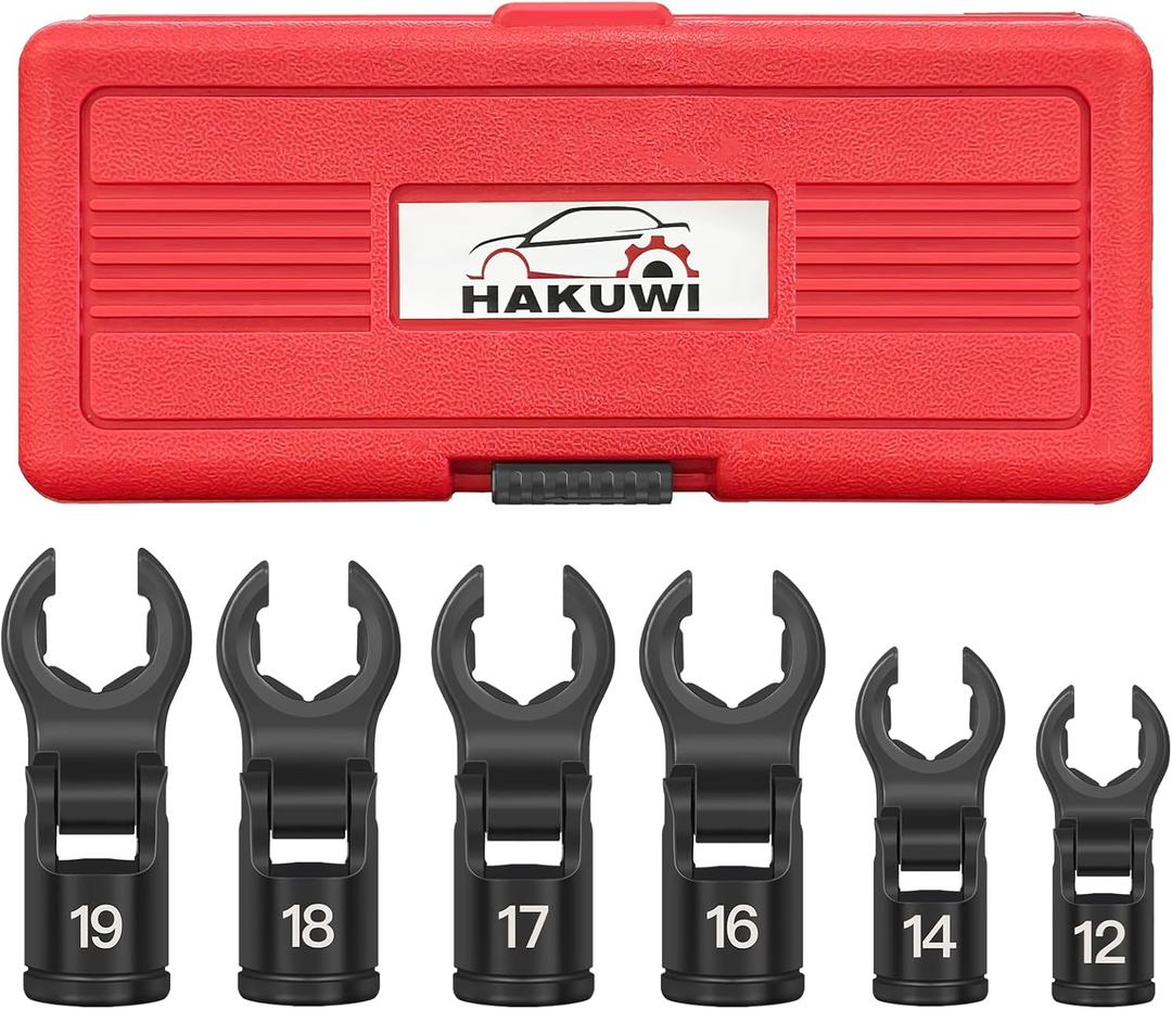 6pc Short Flex Head Crows Foot Line Wrench Set, Flex Flare Nut Wrench with 1/2"&3/8" Drive, Injector Fuel Line Crowfoot Flare Nut Socket Wrench, Metric 12-19mm Nuts with Storage box