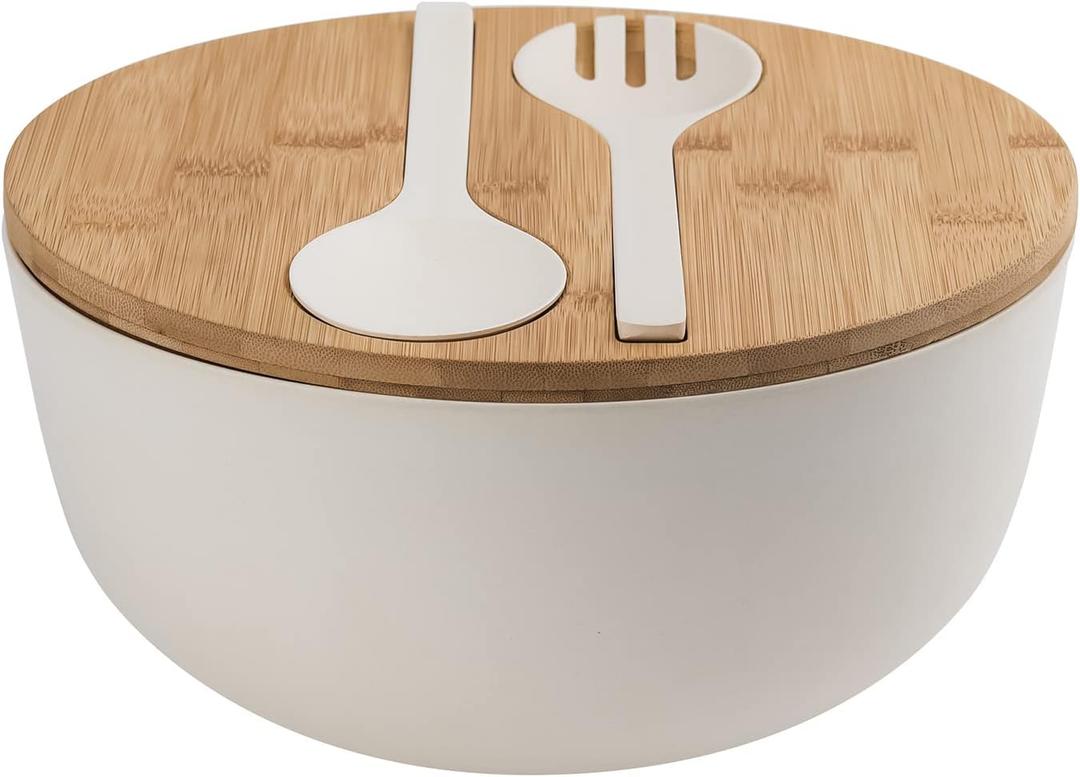 LOVYANXUE Bamboo Fiber Salad Bowl with Servers Set Large 9.8inches Nature Bamboo Mixing Bowl with Servers with Lid Spoon and Fork for Fruits,Salads and Vegetables