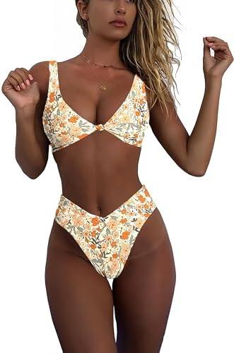 geluboao Bikini Set for Women Solid V Neck Knot Front Push Up High Leg Thong Two Piece Swimsuit Size Medium