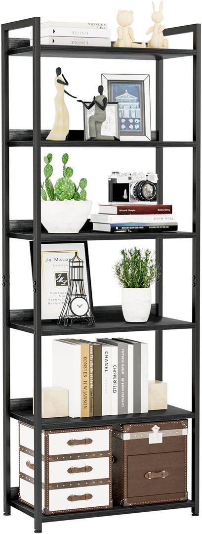 NUMENN Bookshelf, 6 Tier Freestanding Shelving Unit, Black
Metal Frame & Wood Shelves, Falling Prevention Baffle, Open Storage Bookcase for Bedroom, Living Room & Home Office