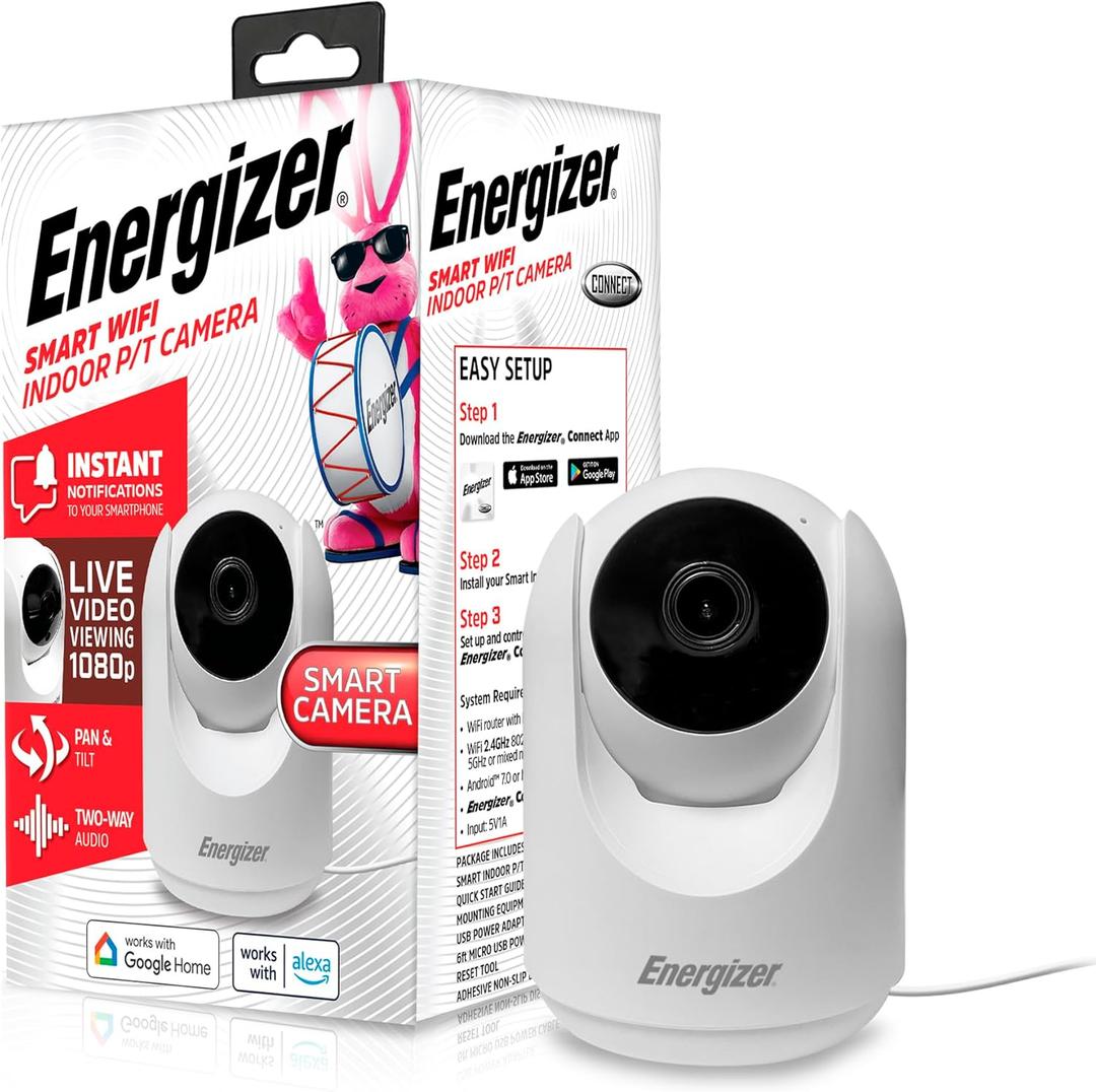 Energizer Smart 1080p Indoor Pan & Tilt Wired Camera, Motion Tracking, Two-Way Conversation, Night Vision, Instant Notifications, Works with Google Home and Alexa, Night Vision, White