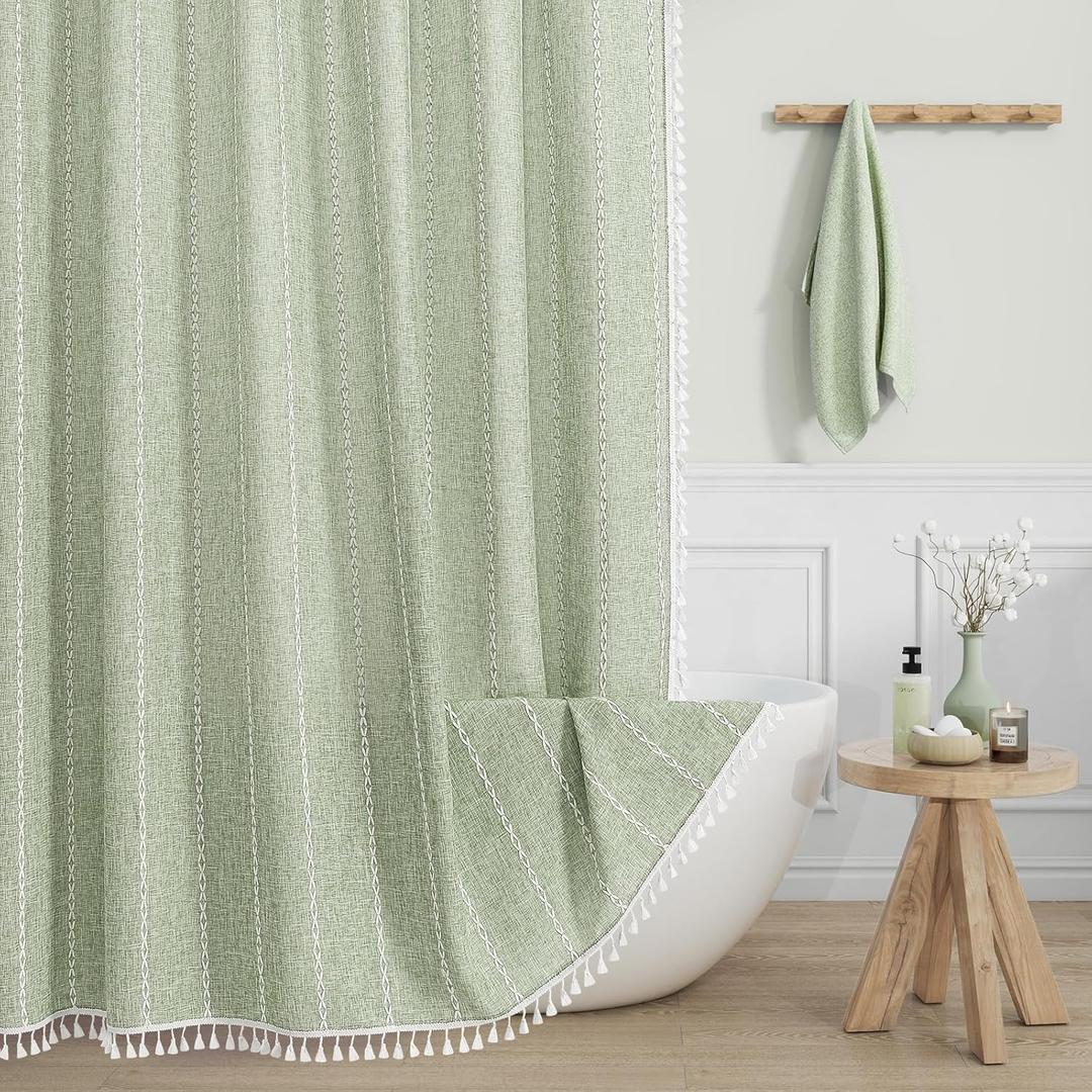 MitoVilla Sage Green Boho Shower Curtain for Vintage Rustic Bathroom Decor, Modern Farmhouse Polyester Linen Fabric Neutral Wrinkle Resistant Cloth Shower Curtain with Tassel, 72 x 72